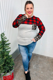 All Of Me Grey & Red Plaid Animal Print Pocketed Top | Daverri Fashions