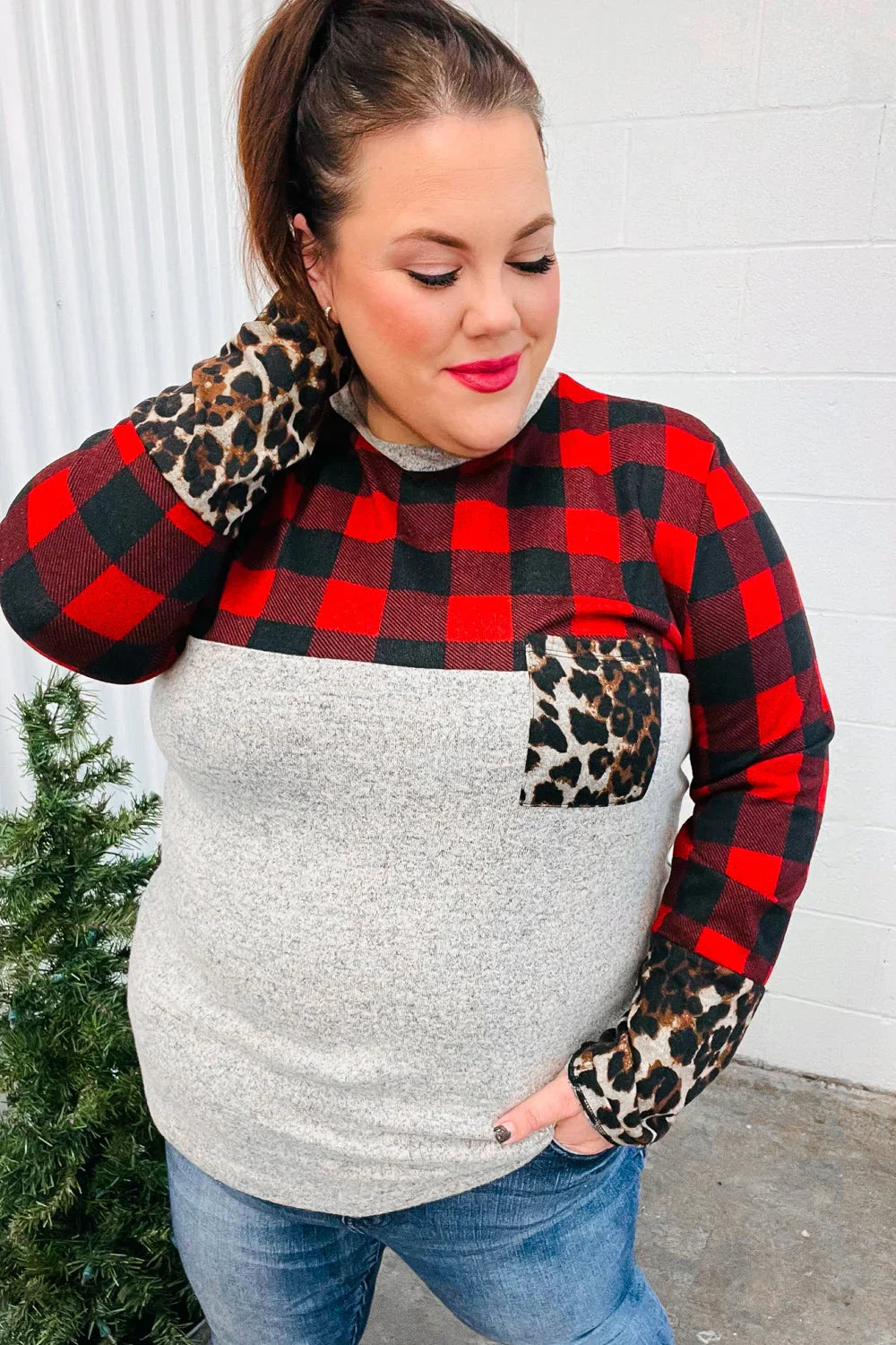 All Of Me Grey & Red Plaid Animal Print Pocketed Top | Daverri Fashions