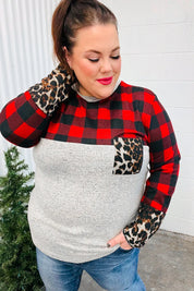 All Of Me Grey & Red Plaid Animal Print Pocketed Top | Daverri Fashions