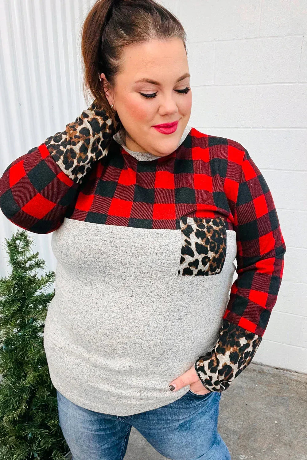 All Of Me Grey & Red Plaid Animal Print Pocketed Top - DAVERRI FASHIONS