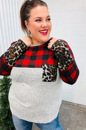 All Of Me Grey & Red Plaid Animal Print Pocketed Top | Daverri Fashions