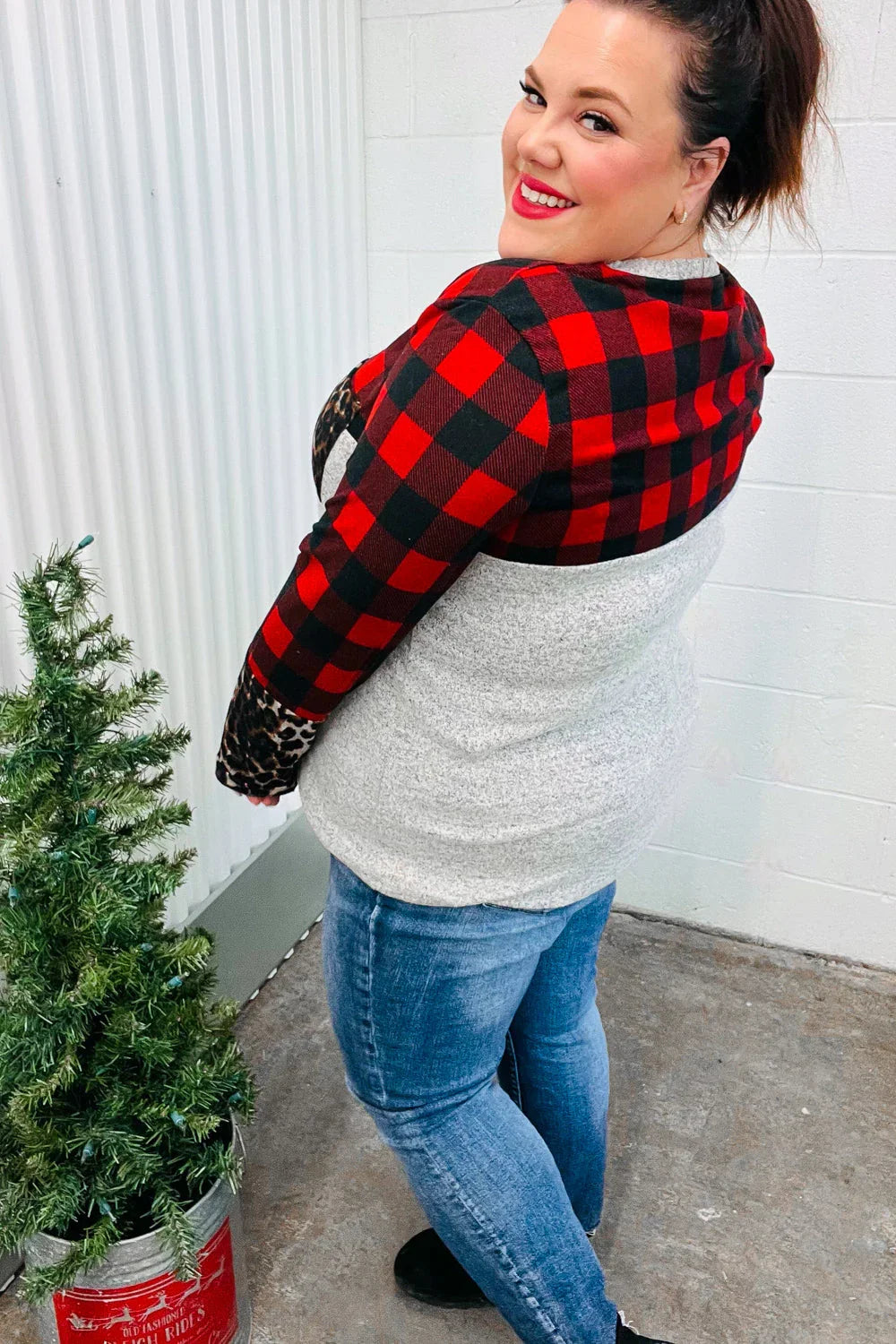 All Of Me Grey & Red Plaid Animal Print Pocketed Top | Daverri Fashions