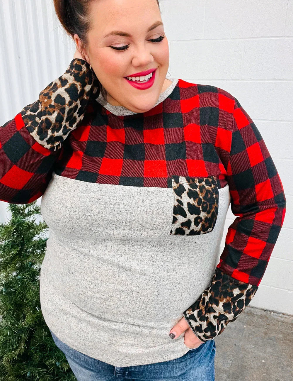All Of Me Grey & Red Plaid Animal Print Pocketed Top | Daverri Fashions