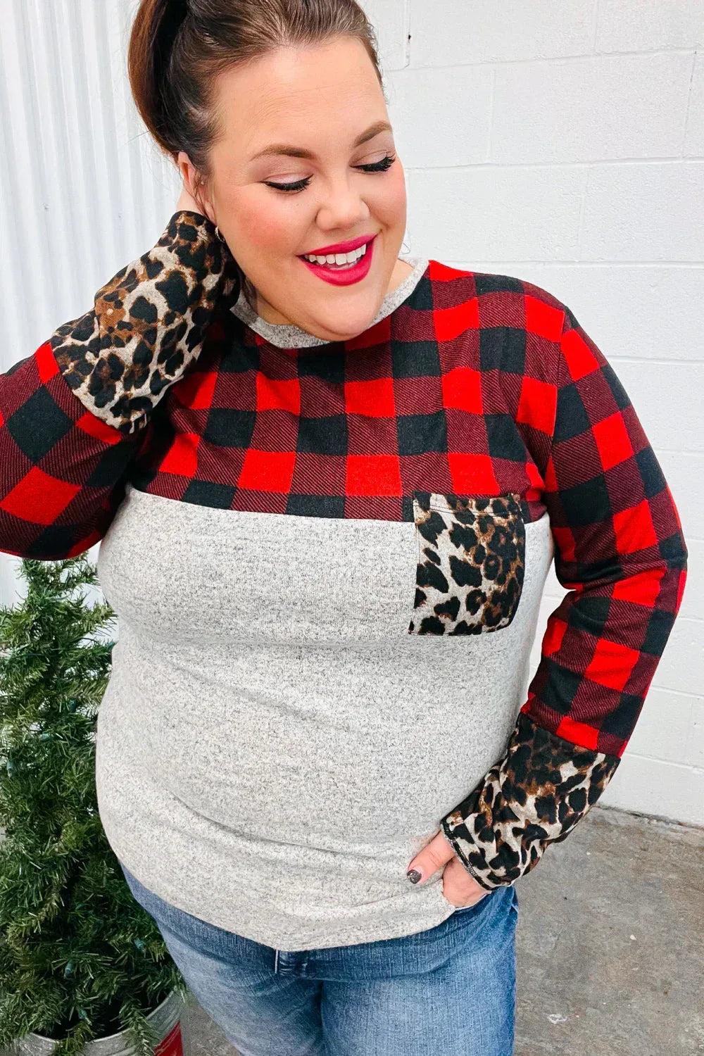 All Of Me Grey & Red Plaid Animal Print Pocketed Top - DAVERRI FASHIONS