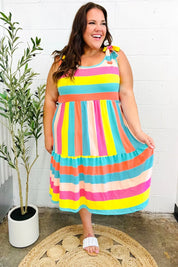 Start The Day Rainbow Stripe Shoulder Tie Tiered Dress | Daverri Fashions