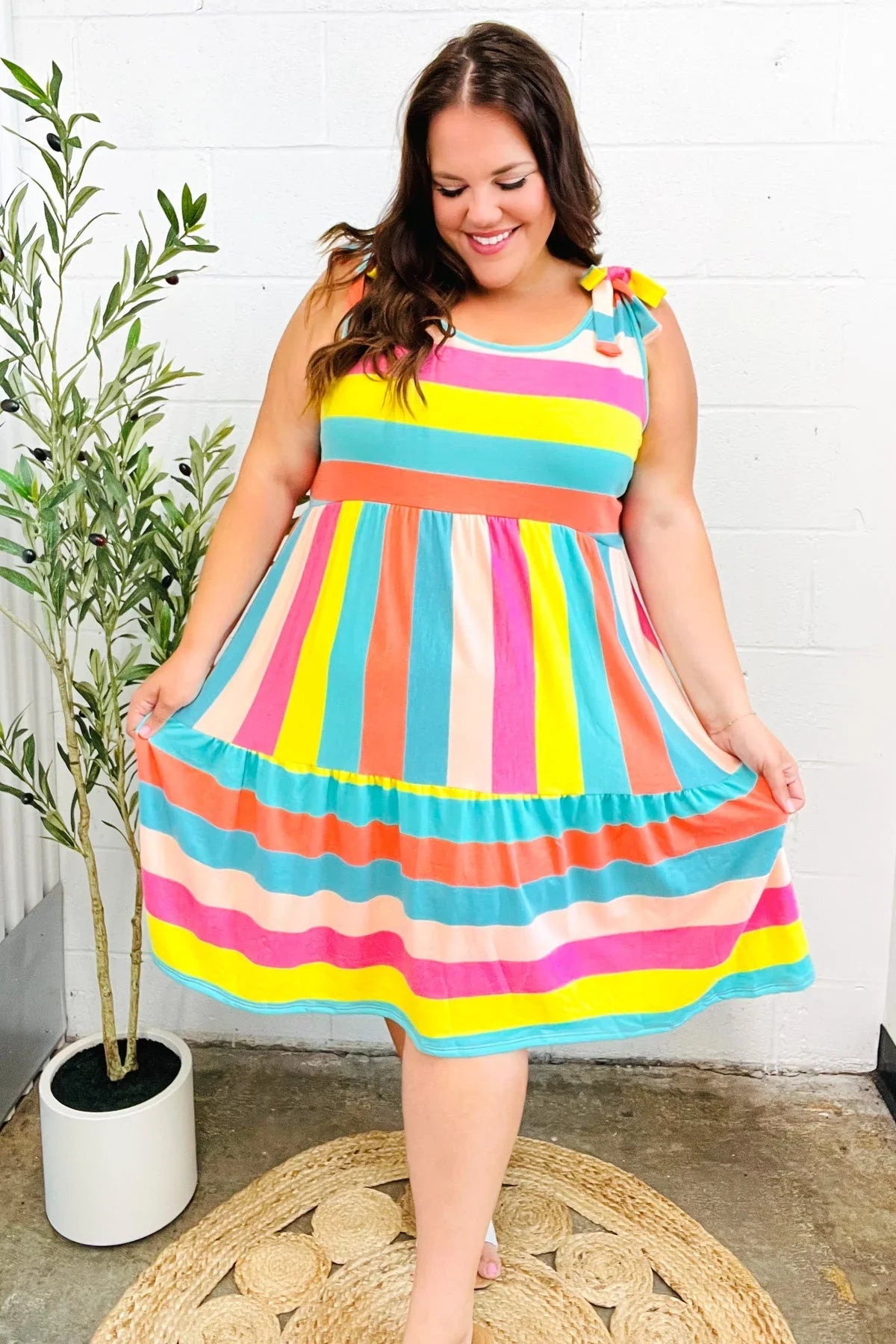 Start The Day Rainbow Stripe Shoulder Tie Tiered Dress | Daverri Fashions