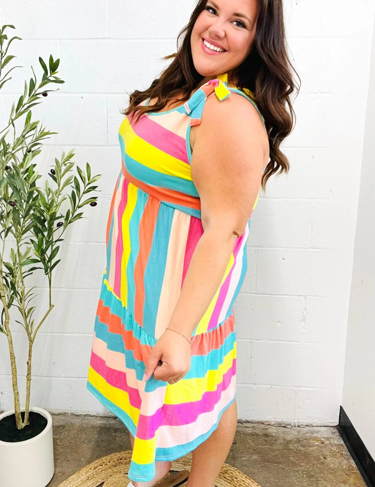 Start The Day Rainbow Stripe Shoulder Tie Tiered Dress | Daverri Fashions