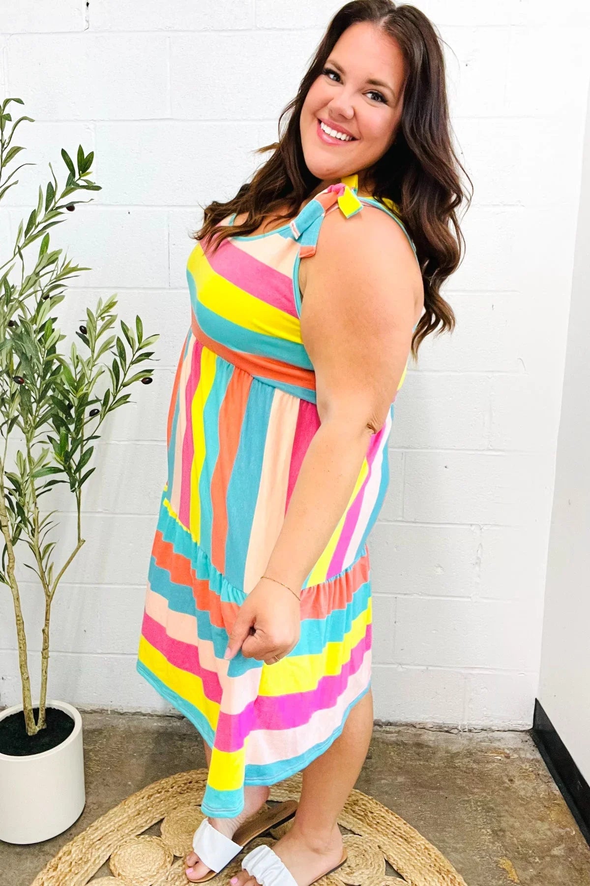 Start The Day Rainbow Stripe Shoulder Tie Tiered Dress | Daverri Fashions