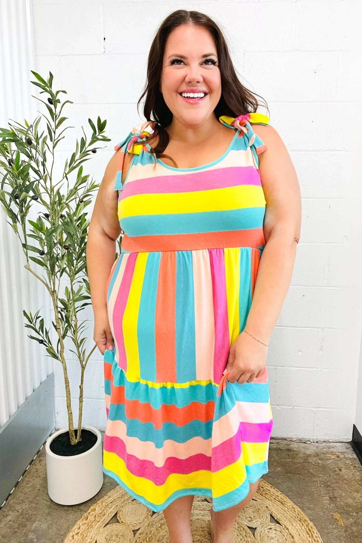 Start The Day Rainbow Stripe Shoulder Tie Tiered Dress | Daverri Fashions