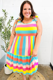Start The Day Rainbow Stripe Shoulder Tie Tiered Dress | Daverri Fashions