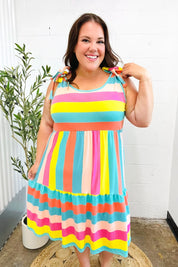 Start The Day Rainbow Stripe Shoulder Tie Tiered Dress | Daverri Fashions