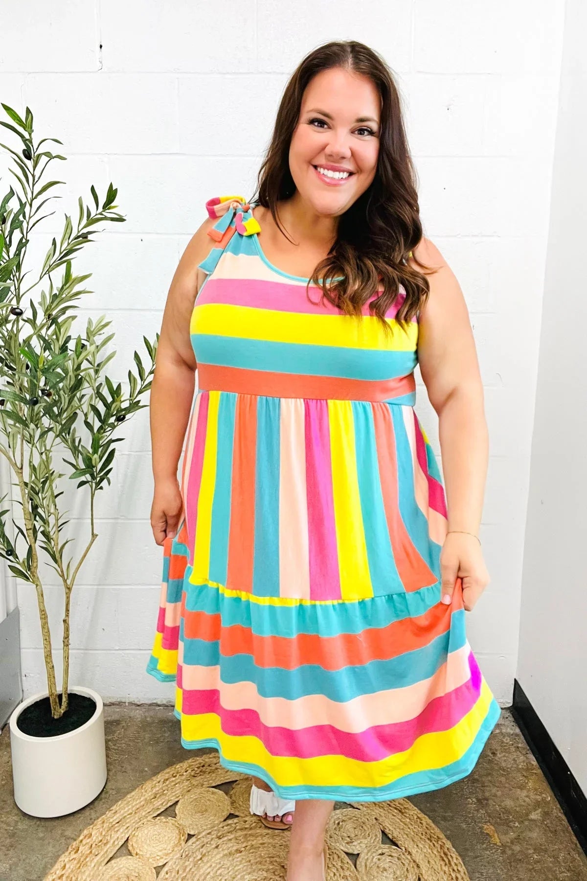 Start The Day Rainbow Stripe Shoulder Tie Tiered Dress | Daverri Fashions