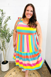 Start The Day Rainbow Stripe Shoulder Tie Tiered Dress | Daverri Fashions