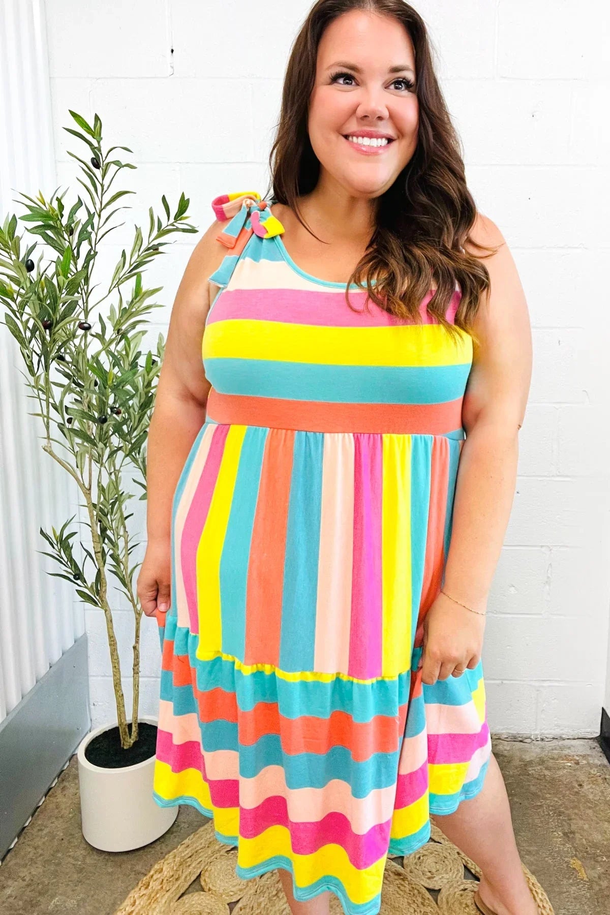Start The Day Rainbow Stripe Shoulder Tie Tiered Dress | Daverri Fashions