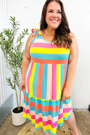 Start The Day Rainbow Stripe Shoulder Tie Tiered Dress | Daverri Fashions