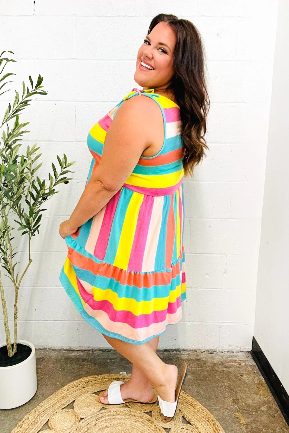 Start The Day Rainbow Stripe Shoulder Tie Tiered Dress | Daverri Fashions
