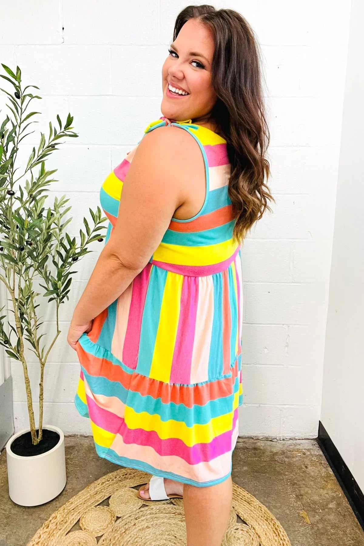 Start The Day Rainbow Stripe Shoulder Tie Tiered Dress | Daverri Fashions