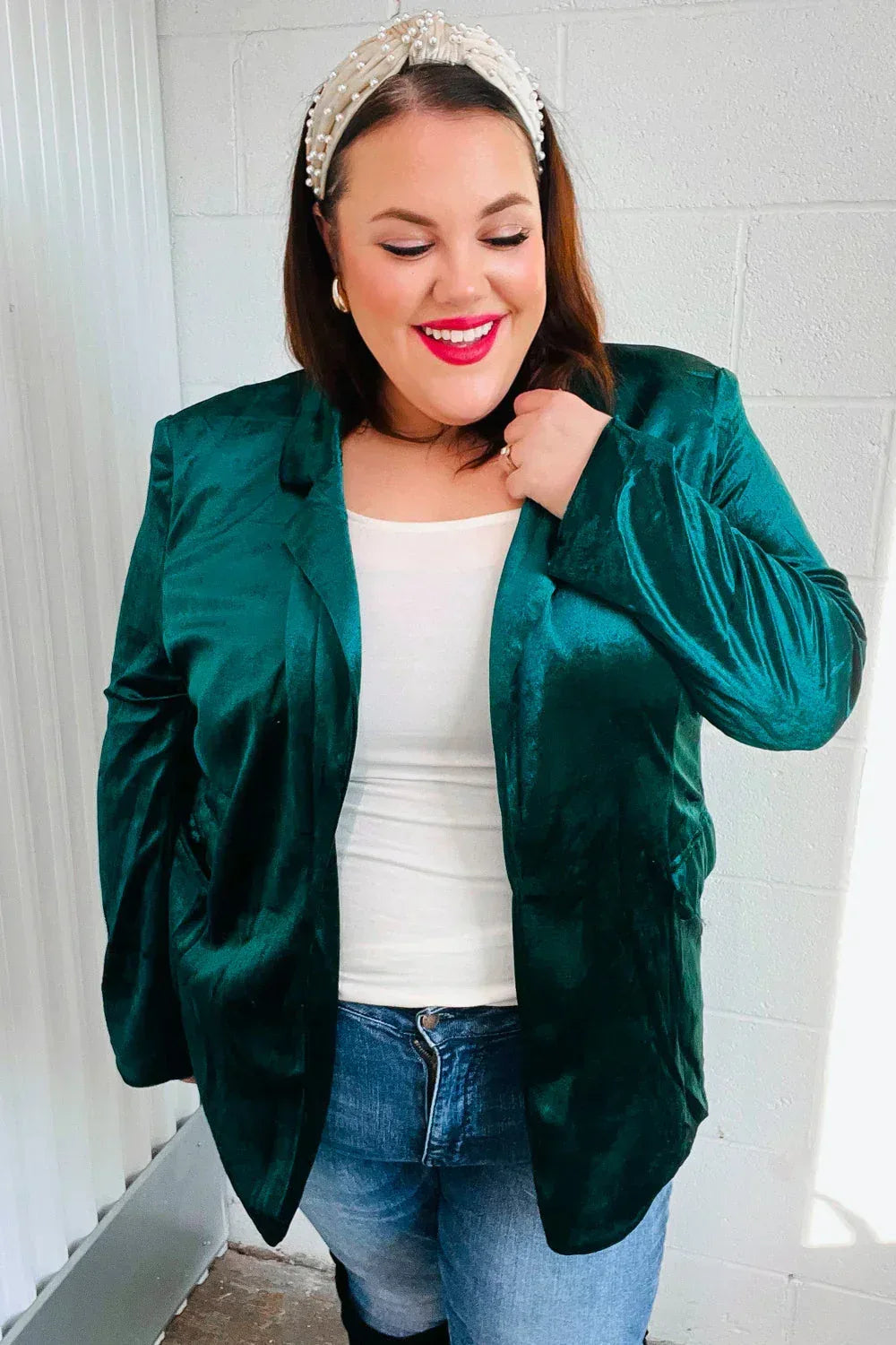 Dazzling Hunter Green Velvet Lapel Blazer - DAVERRI FASHIONS