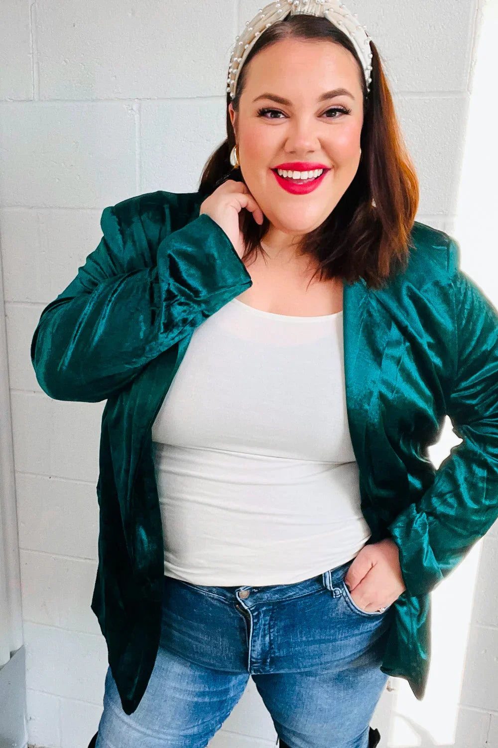 Dazzling Hunter Green Velvet Lapel Blazer | Daverri Fashions