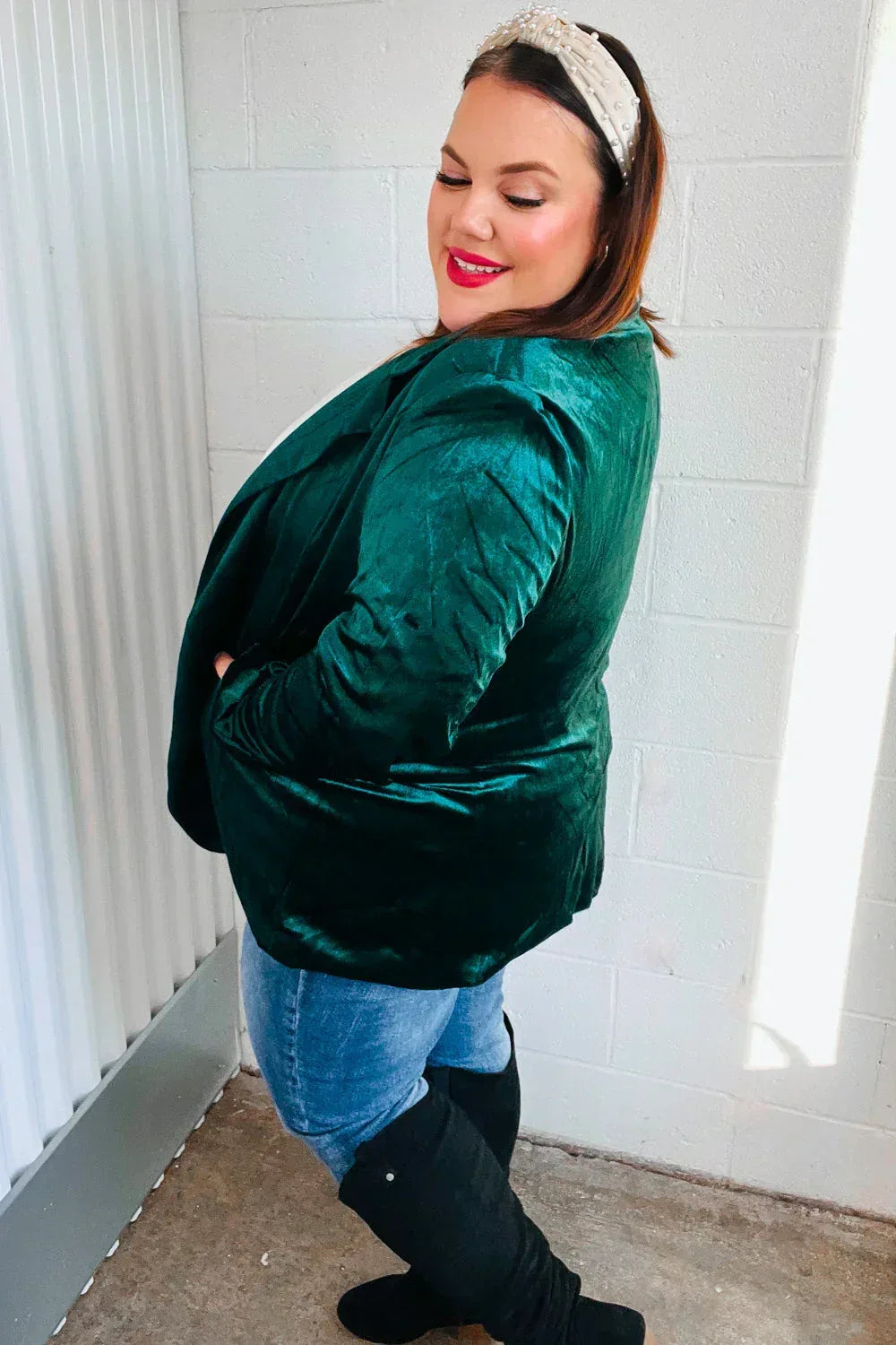 Dazzling Hunter Green Velvet Lapel Blazer - DAVERRI FASHIONS