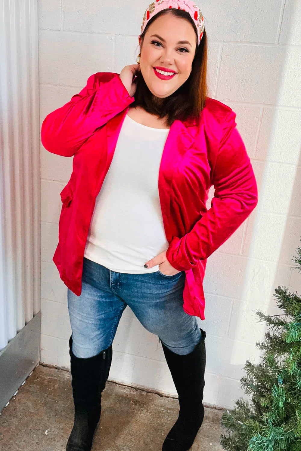 Dazzling Magenta Velvet Lapel Blazer | Daverri Fashions