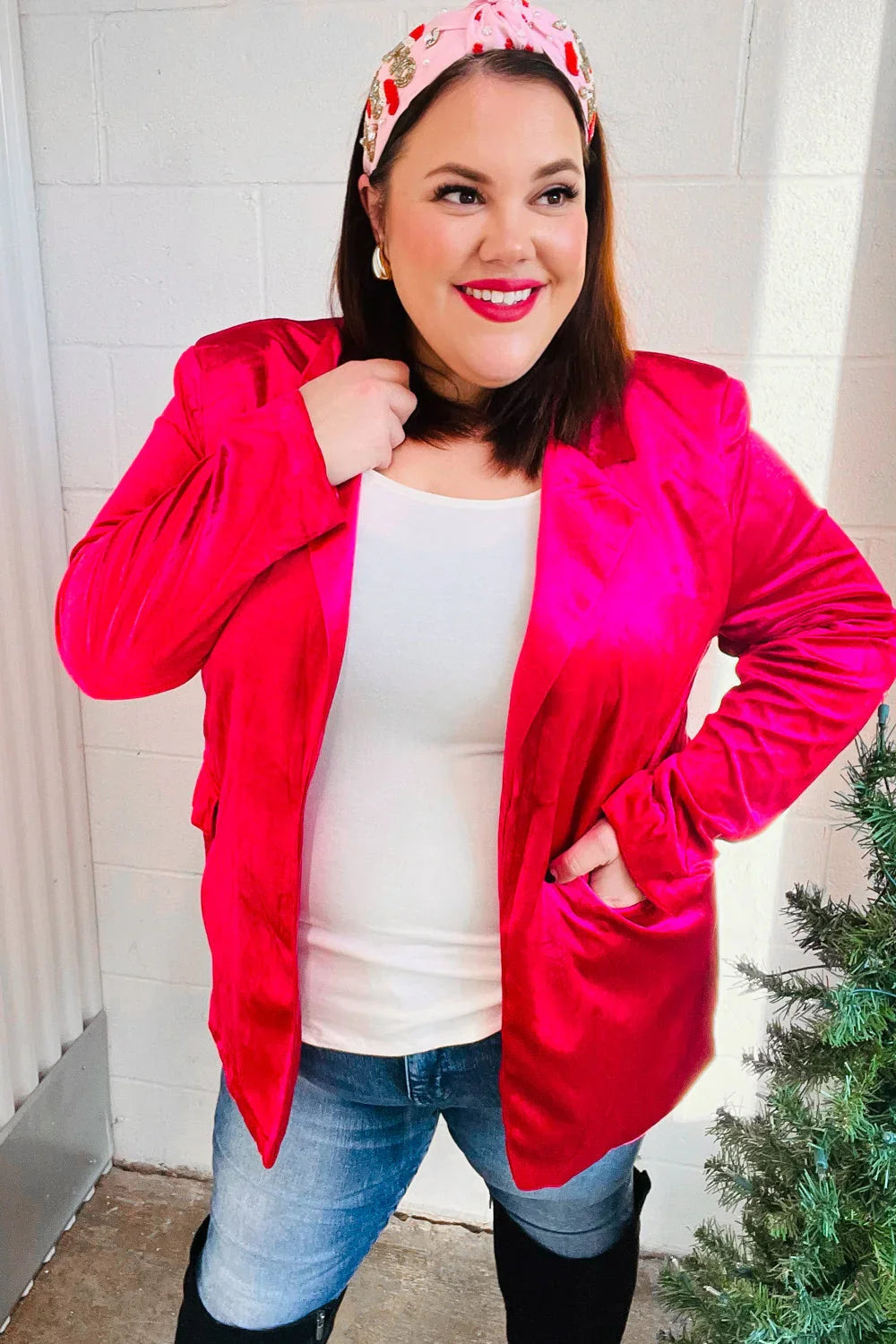 Dazzling Magenta Velvet Lapel Blazer | Daverri Fashions