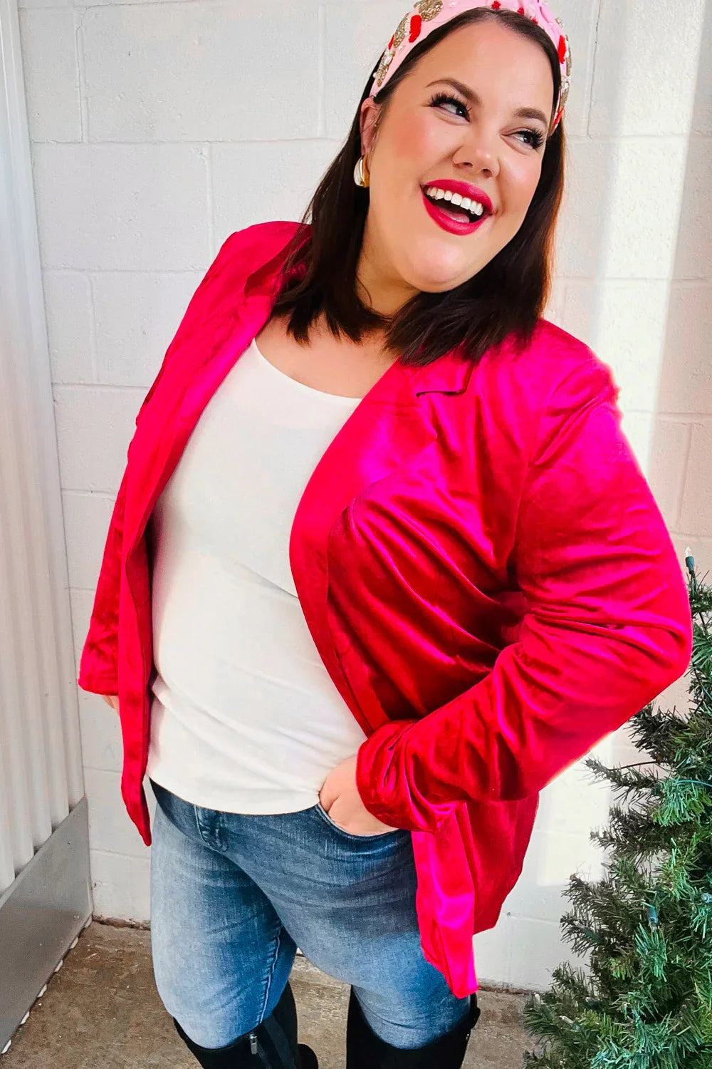 Dazzling Magenta Velvet Lapel Blazer | Daverri Fashions