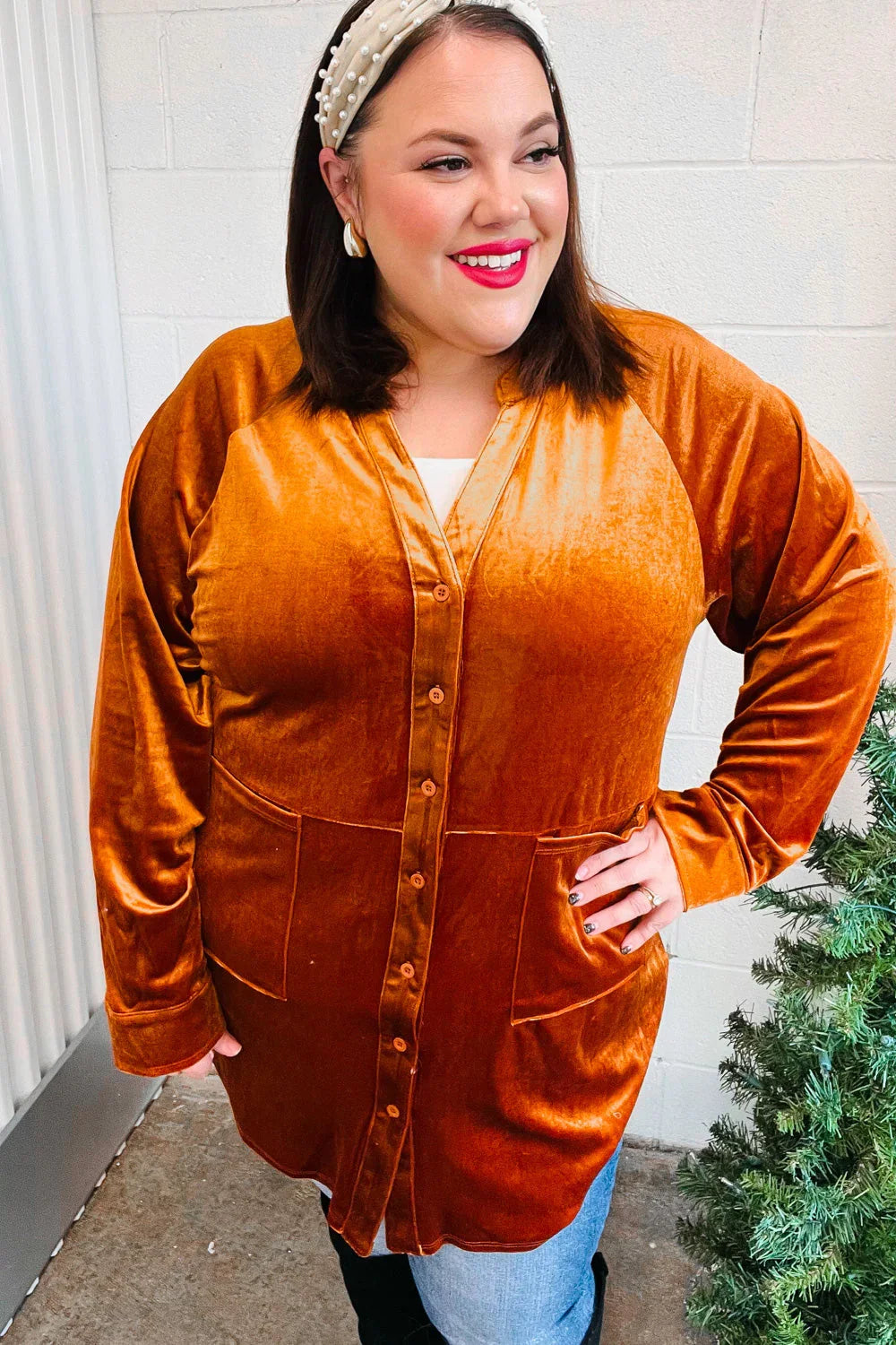 Dazzling Rust Velvet Button Down Tunic Top | Daverri Fashions