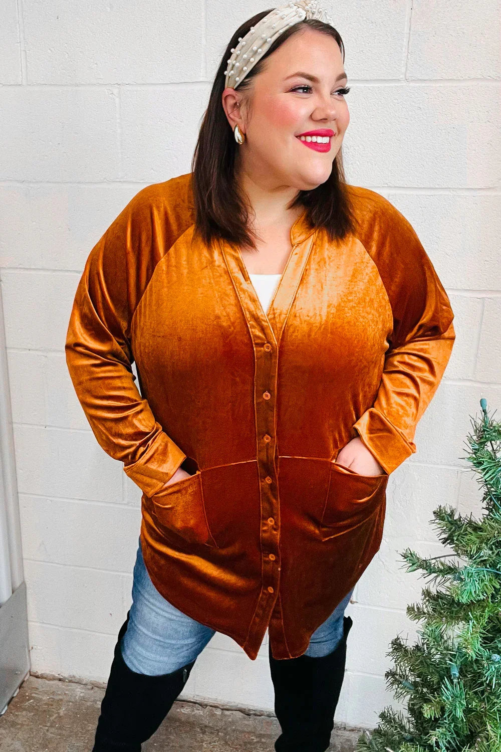 Dazzling Rust Velvet Button Down Tunic Top | Daverri Fashions