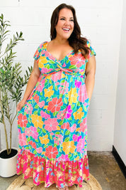 Vacay Vibes Blue Floral Print Sweetheart Twisted Neckline Maxi Dress | Daverri Fashions