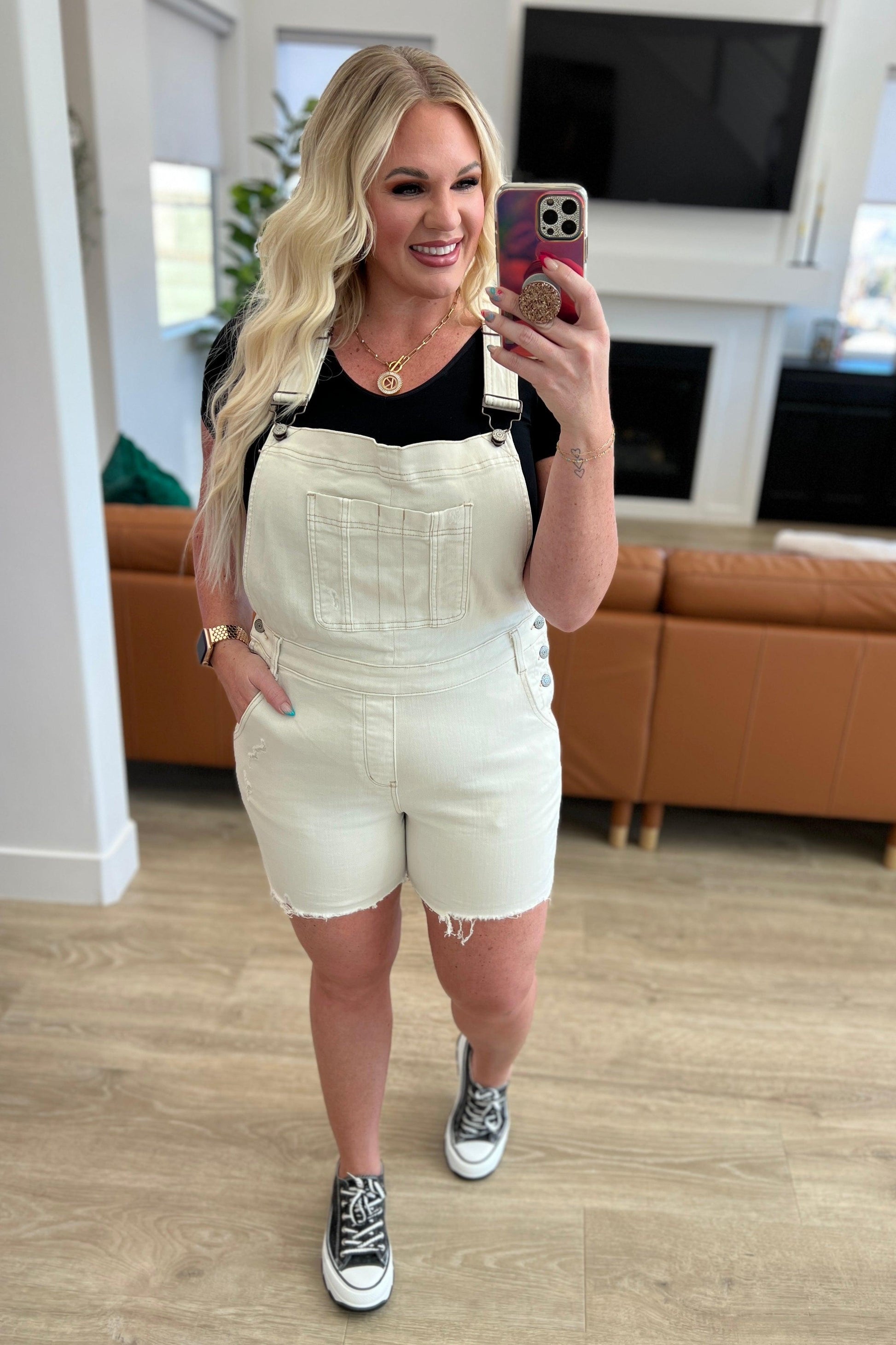 Anna High Rise Garment Dyed Cutoff Shortalls in Ecru Shortalls