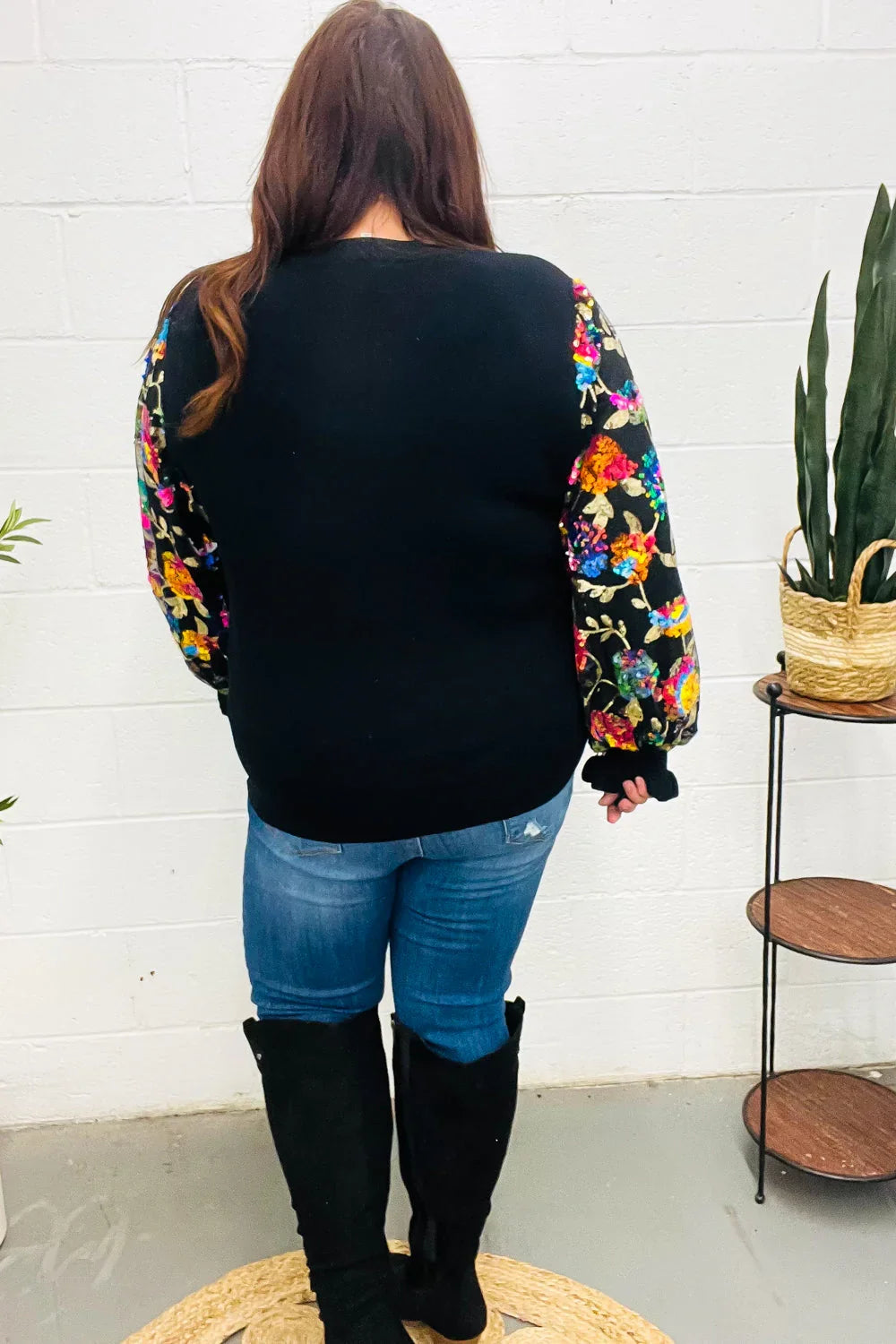 Diva Dreams Black Floral Sequin Mesh Sleeve Rib Knit Top | Daverri Fashions