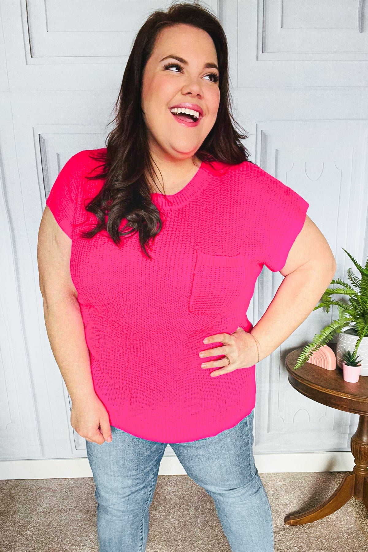 Best In Bold Hot Pink Dolman Ribbed Knit Sweater Top | 2024 Summer Blow Out Sale Daverri Fashions