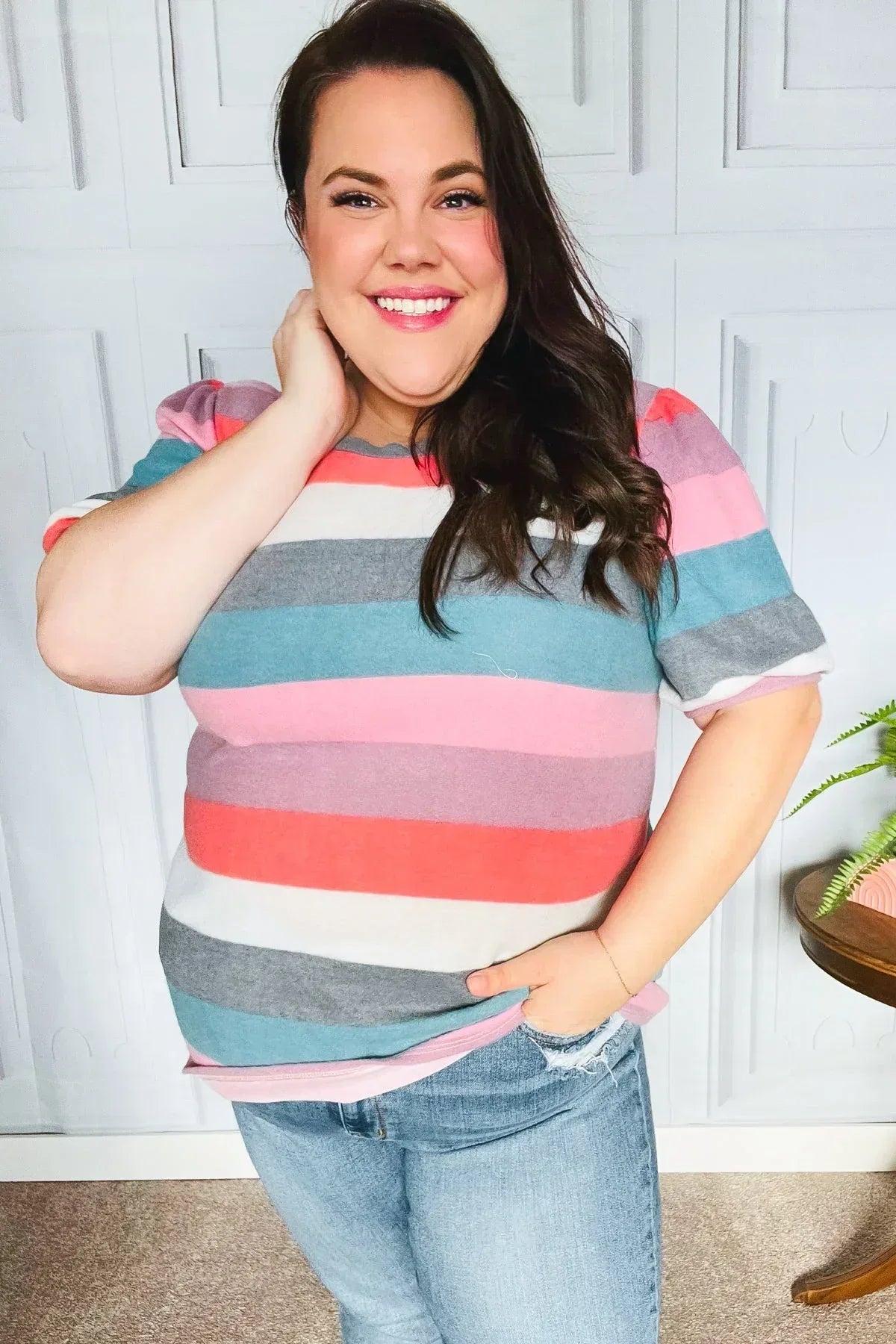 Look Out Teal & Rose Striped Hacci Knit Puff Sleeve Top - DAVERRI FASHIONS