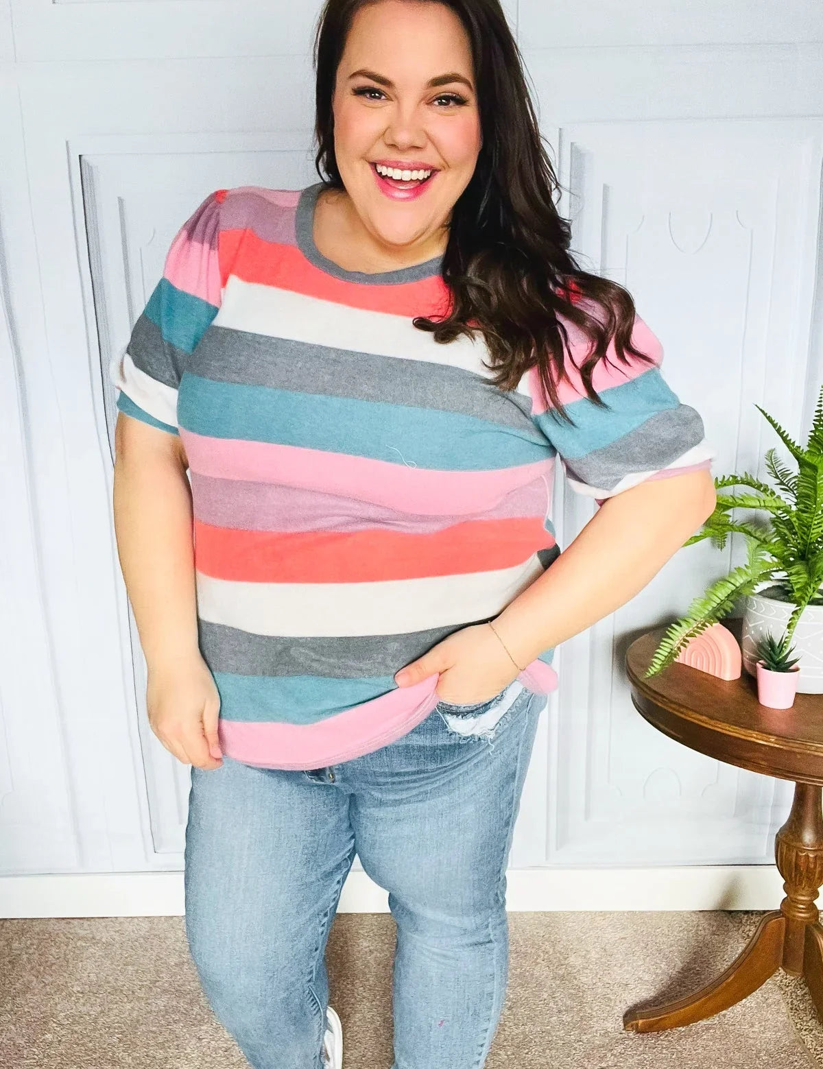 Look Out Teal & Rose Striped Hacci Knit Puff Sleeve Top | Daverri Fashions