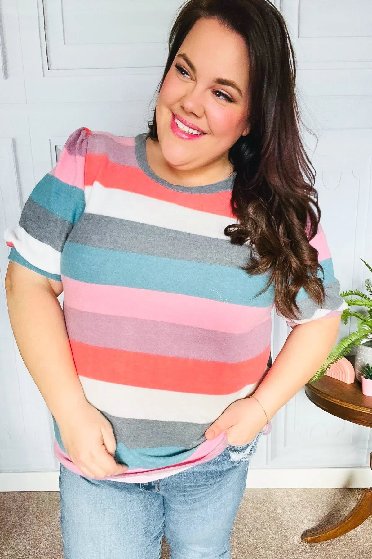 Look Out Teal & Rose Striped Hacci Knit Puff Sleeve Top | Daverri Fashions
