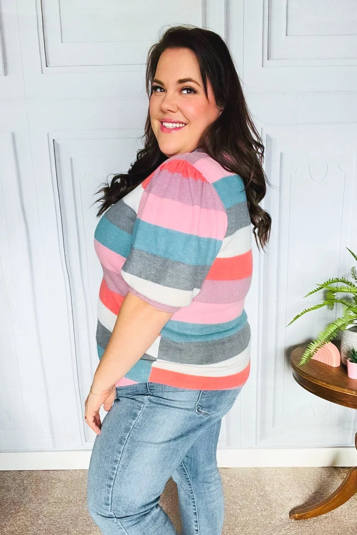 Look Out Teal & Rose Striped Hacci Knit Puff Sleeve Top - DAVERRI FASHIONS