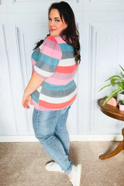 Look Out Teal & Rose Striped Hacci Knit Puff Sleeve Top | Daverri Fashions