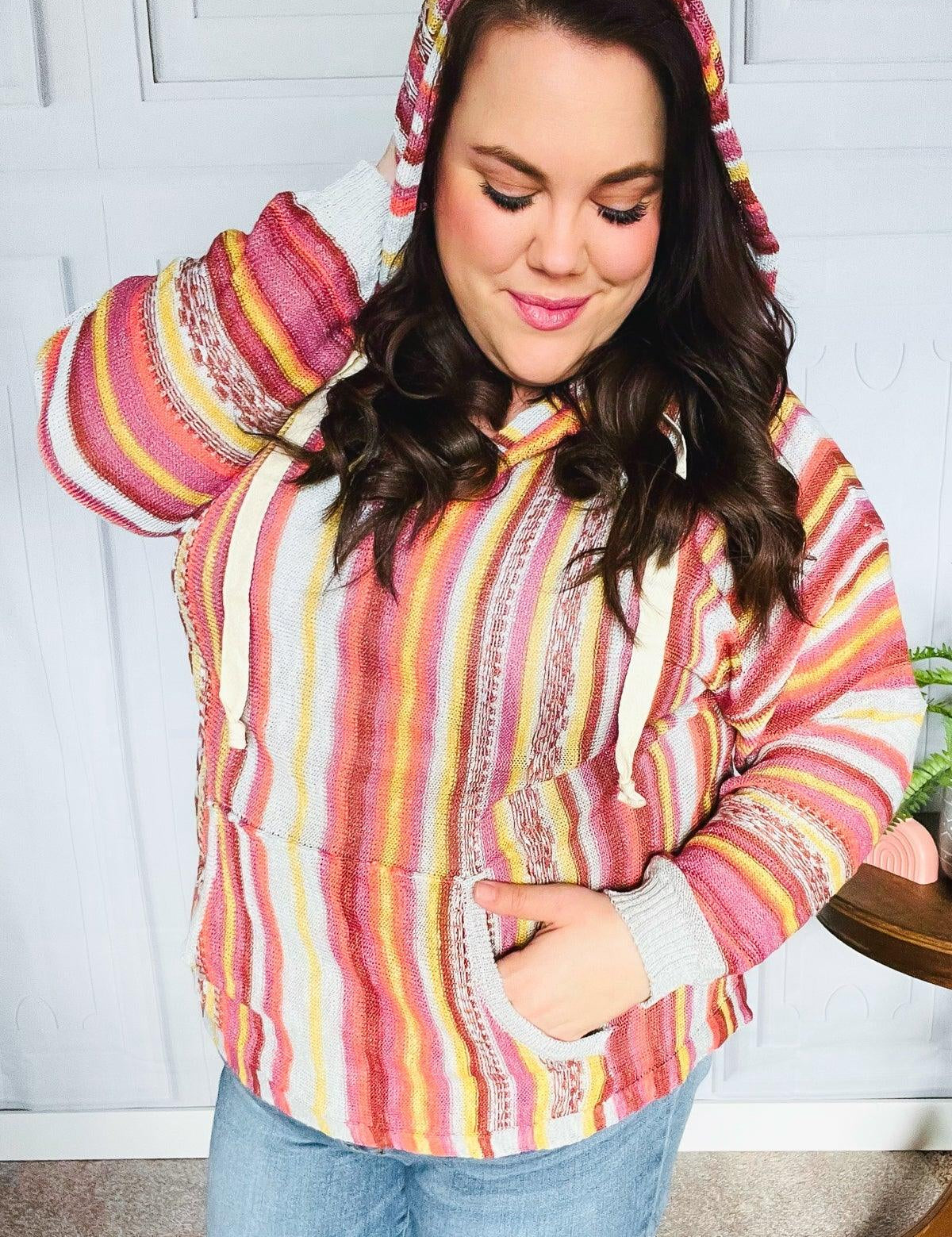 Be Bold Coral & Sienna Stripe Pullover Notched Neck Hoodie | Daverri Fashions