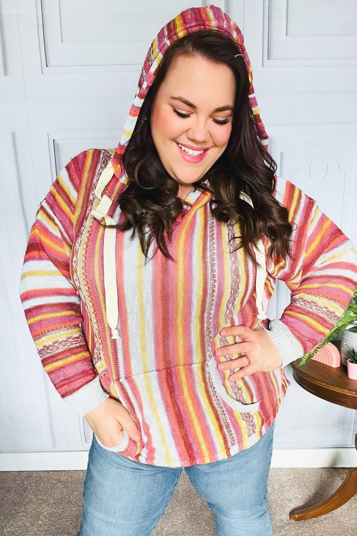 Be Bold Coral & Sienna Stripe Pullover Notched Neck Hoodie - DAVERRI FASHIONS