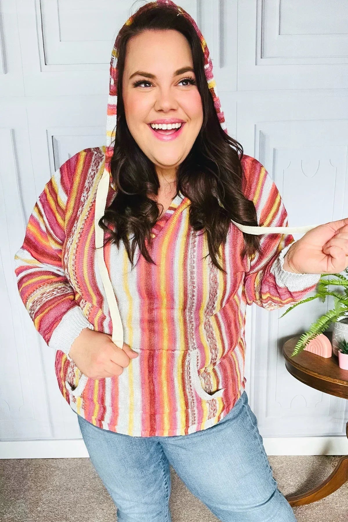 Be Bold Coral & Sienna Stripe Pullover Notched Neck Hoodie - DAVERRI FASHIONS