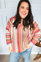 Be Bold Coral & Sienna Stripe Pullover Notched Neck Hoodie | Daverri Fashions