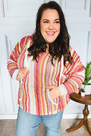 Be Bold Coral & Sienna Stripe Pullover Notched Neck Hoodie | Daverri Fashions