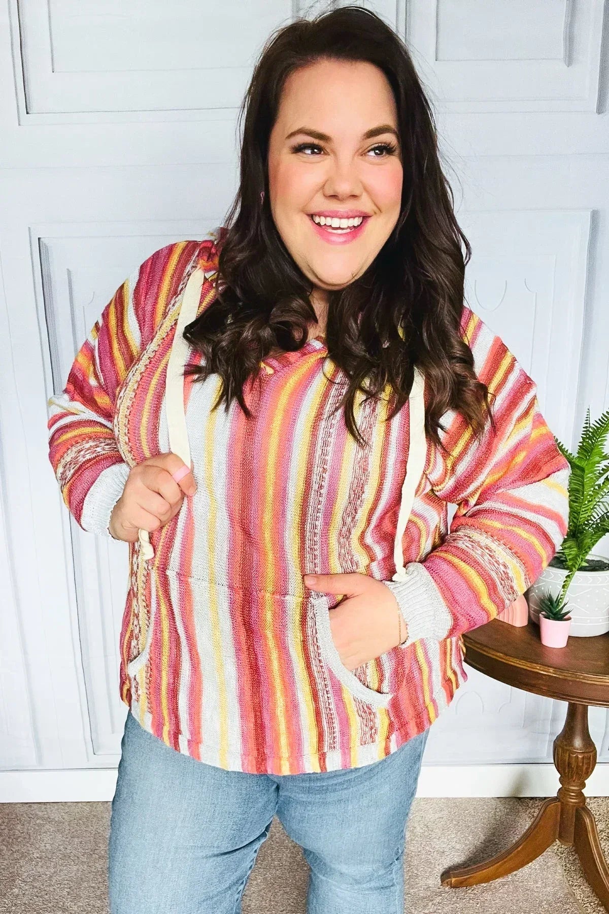 Be Bold Coral & Sienna Stripe Pullover Notched Neck Hoodie - DAVERRI FASHIONS