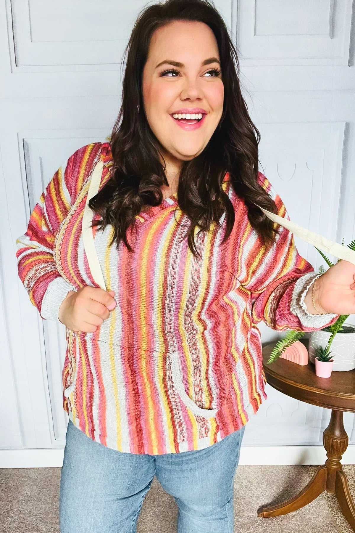 Be Bold Coral & Sienna Stripe Pullover Notched Neck Hoodie | Daverri Fashions