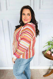 Be Bold Coral & Sienna Stripe Pullover Notched Neck Hoodie | Daverri Fashions