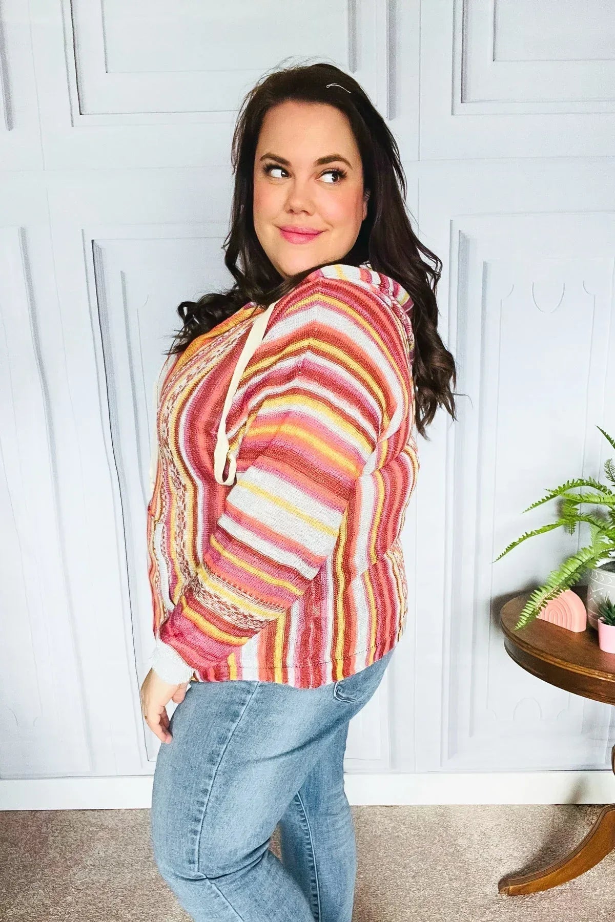 Be Bold Coral & Sienna Stripe Pullover Notched Neck Hoodie - DAVERRI FASHIONS
