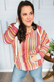Be Bold Coral & Sienna Stripe Pullover Notched Neck Hoodie | Daverri Fashions