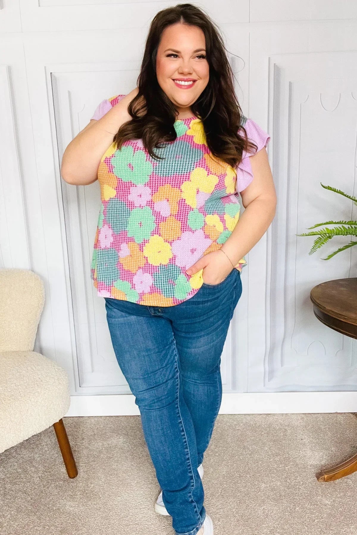 Feeling Playful Fuchsia Floral Textured Ruffle Sleeve Top | Daverri Fashions