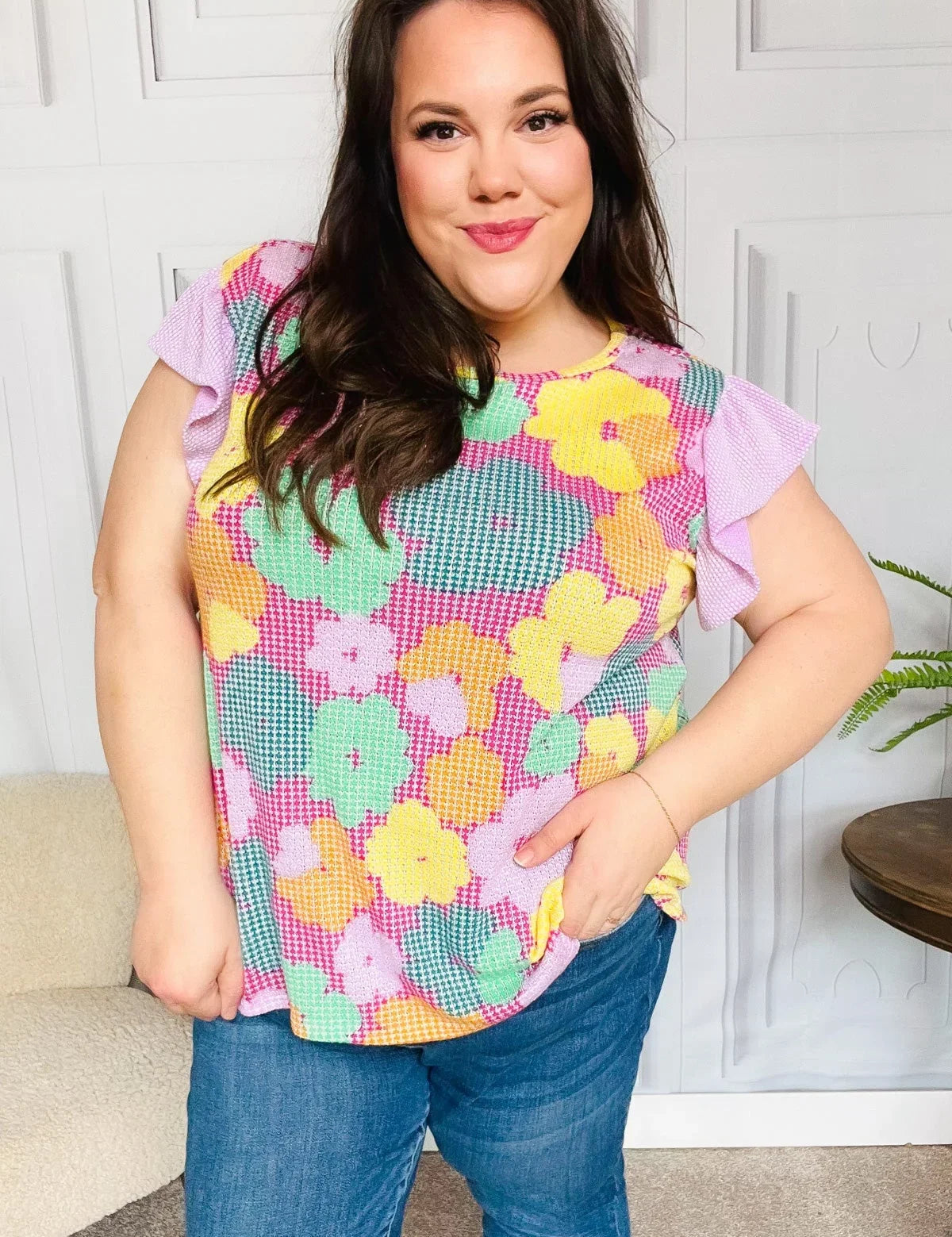 Feeling Playful Fuchsia Floral Textured Ruffle Sleeve Top | Daverri Fashions